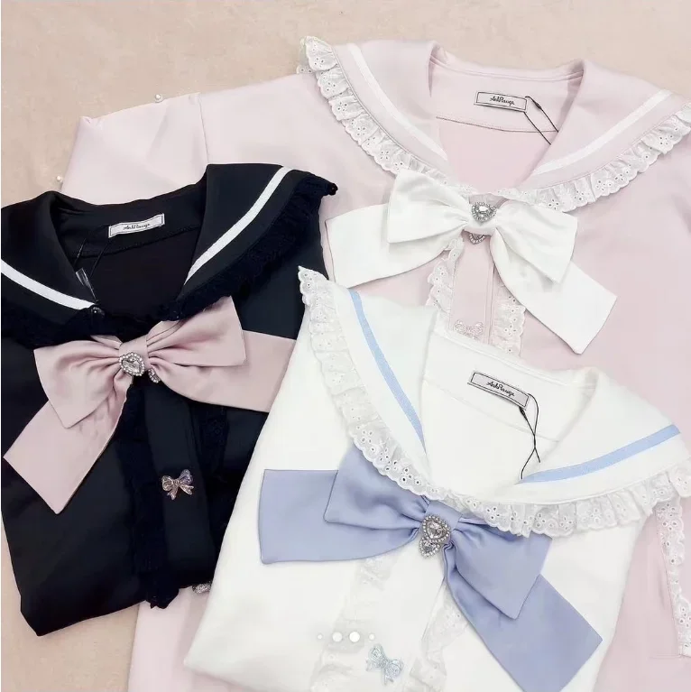 Japanese Style Sweet and Cute Sailor Collar Big Bow Tie Long Sleeve Mid-Length Sweatshirt Girl Womens Loose Cardigan Hoodie Coat