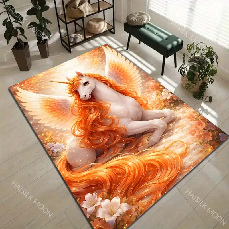 1PC Orange Winged Unicorn Carpet for Living Room Bedroom Sofa Home Decor Rus Non-slip Floor Mat Luxury Gift Multiple Sizes