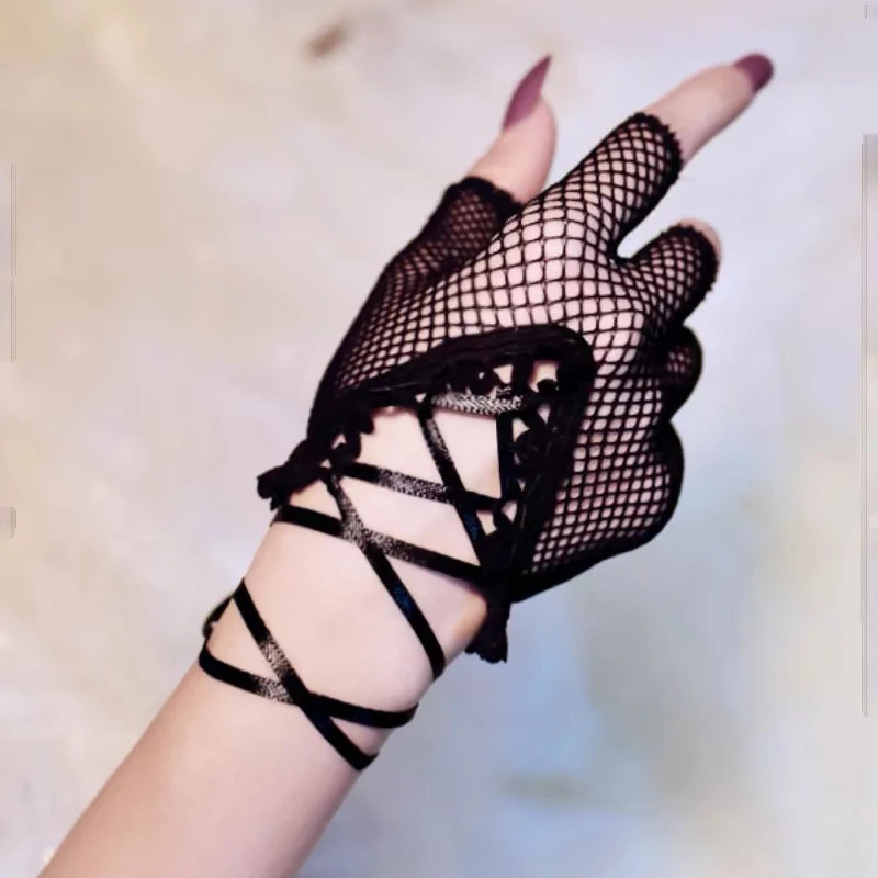 Sexy See Through Fishnet Fingerless Gloves For Women Bandage Design Goth Punk Short Gloves Lace Mesh Wrist Band Banquet Gloves