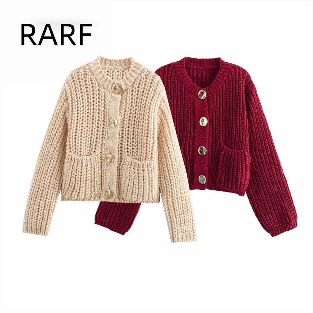 

2024 Autumn/Winter New Product Women's Gentle Round Neck Coarse Needle Big Button Knitted Long Sleeve Coat