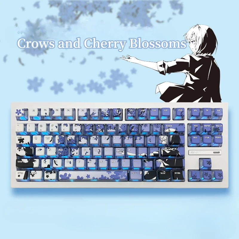 Crows and Cherry Blossoms Theme Keycaps Pudding 120Keys PBT ASA Profile Key Caps for Mechanical Keyboard Custom Gaming Accessory