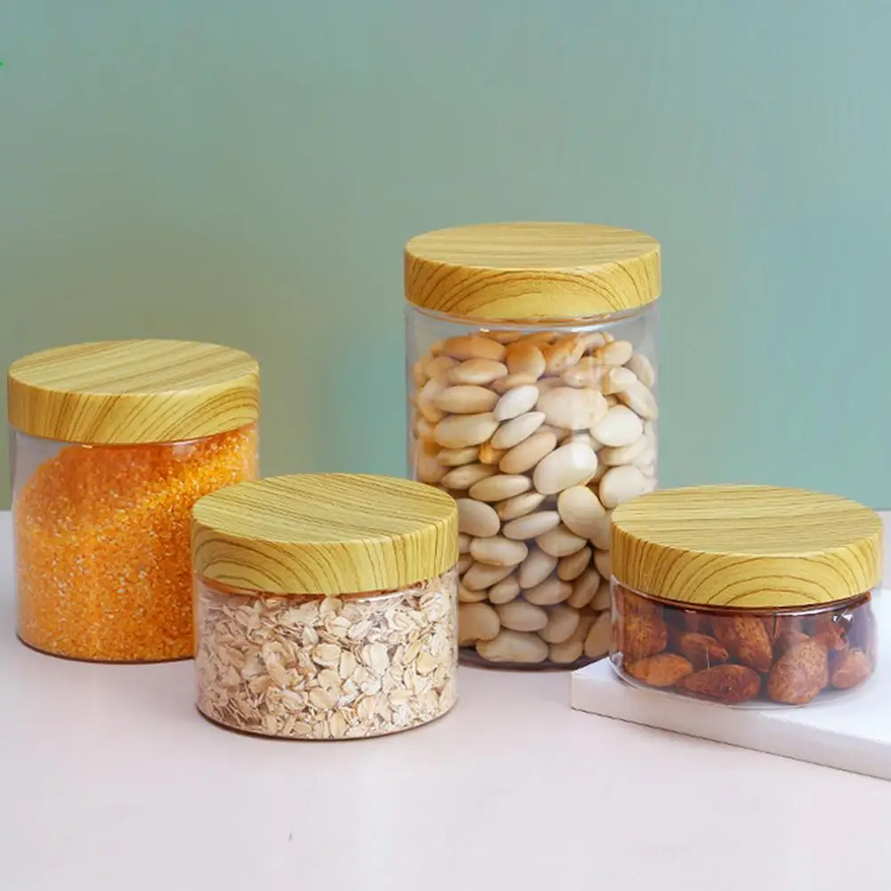 200ml 300ml400ml 800ml 1000ml Empty Clear Pet Jars Containers With Imitation Wood Texture Lids Jar Home Plastic Seasoning Bottle