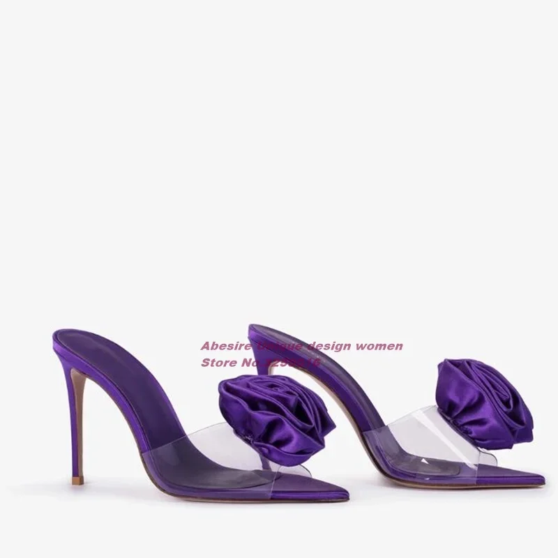 

Фиолетовые тапочки с цветком розы, летние женские сандалии без шнуровки на шпильке с открытым носком, Новое поступление 2025, элегантная обувь для вечеринок, пикантная обувь