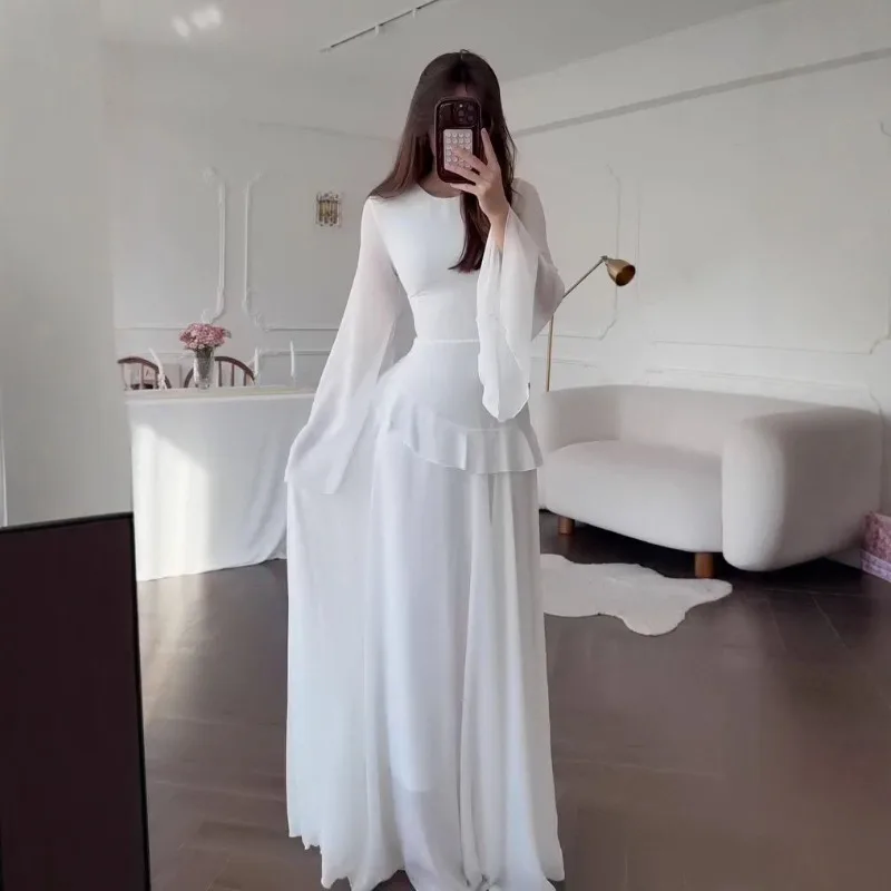Damen Chiffon Zweiteiler Maxi-Set mit Trompetenärmeln, Rüschen, Asymmetrischem Oberteil, Hochgeschnittener Taille und Fließendem Bodenlangem Rock, Passendes Outfit – Detail 12
