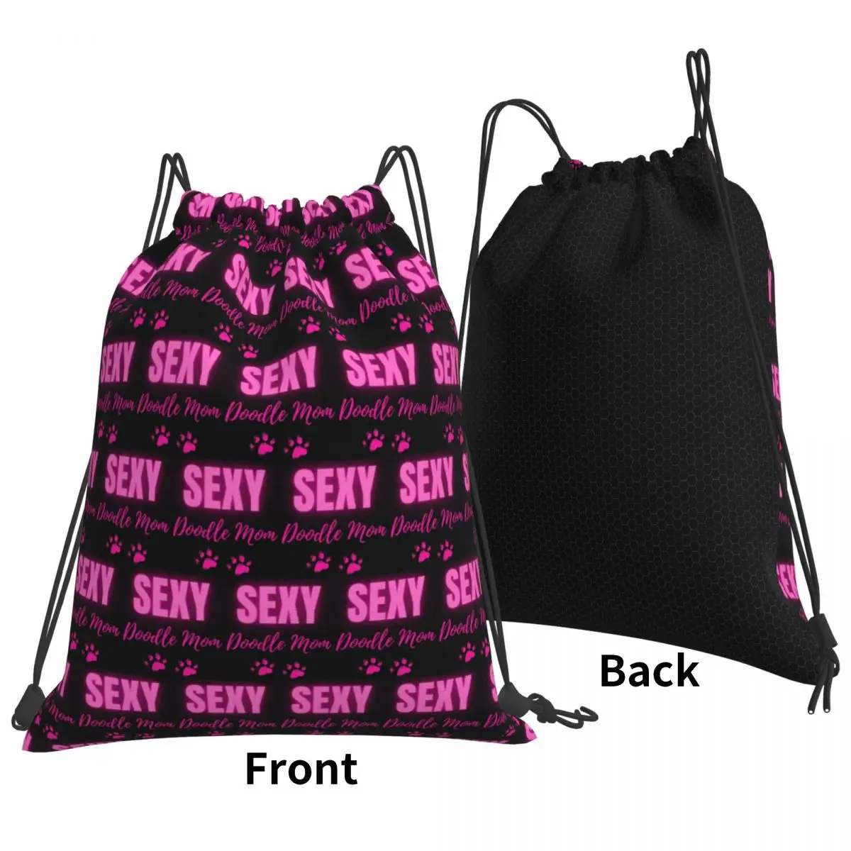 Sexy Doodle Mom Neon Pink Paw Print Backpacks Fashion Drawstring Bags Sports Bag Book Bags for Man Woman School