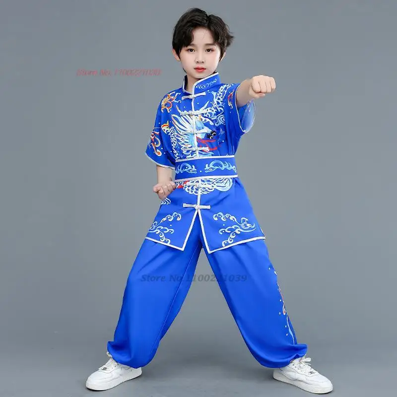 2024 chinese children traditional tai chi wushu kung fu martial arts set vintage performance suit dragon print kung fu suit