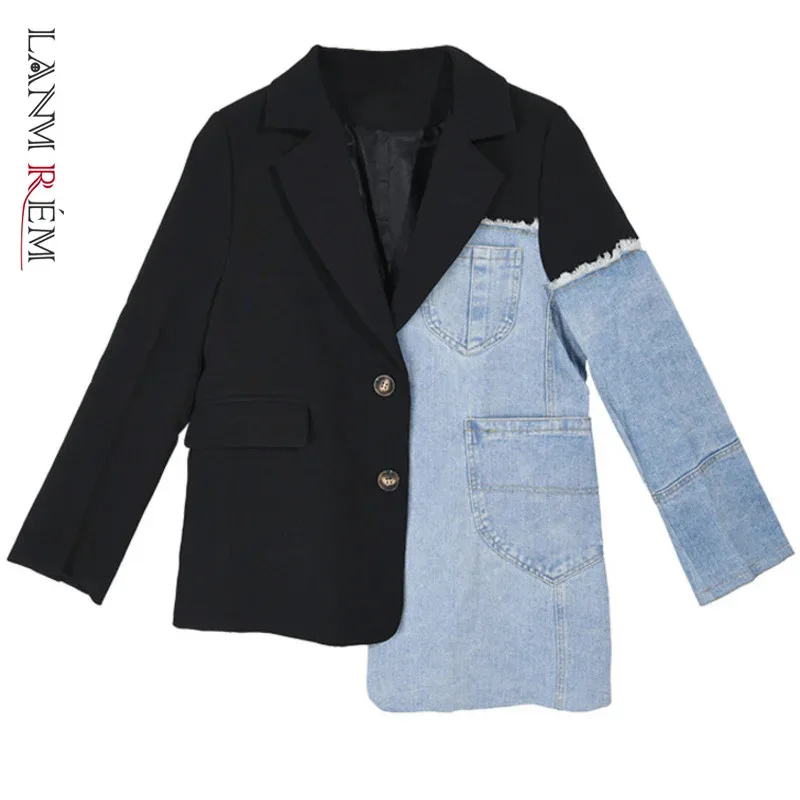 LANMREM Spring 2024 Loose Blazer Stitching Denim Coat Irregular Single Breasted Color Block Jacket Female Fashion Coats 2A04505