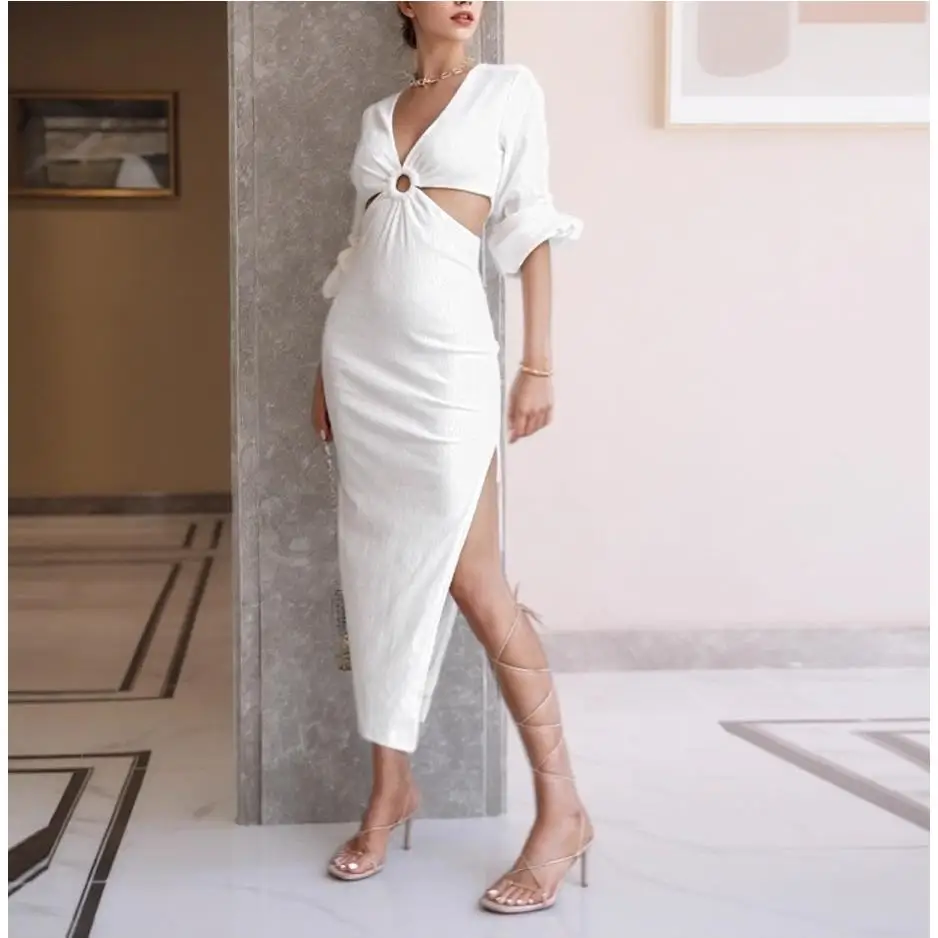 Sexy évider v-ne gilet moulante Dr pour anniversaire Par lumière Maturi Sle longue Sve lanterne Sve robe