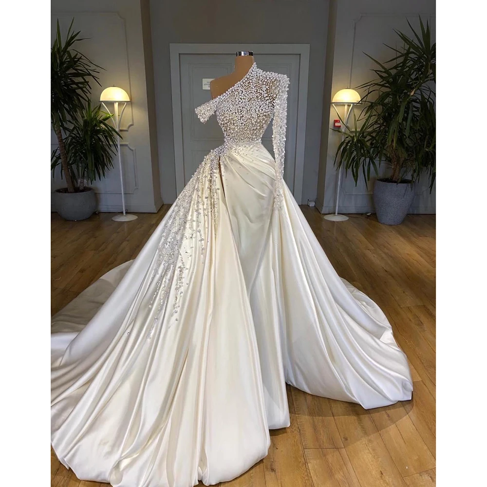 Luxurious Pearls Beading Wedding Dress White One Shoulder Satin Chapel Train Mermaid Custom Made Elegant Bride Dresses Exquisite