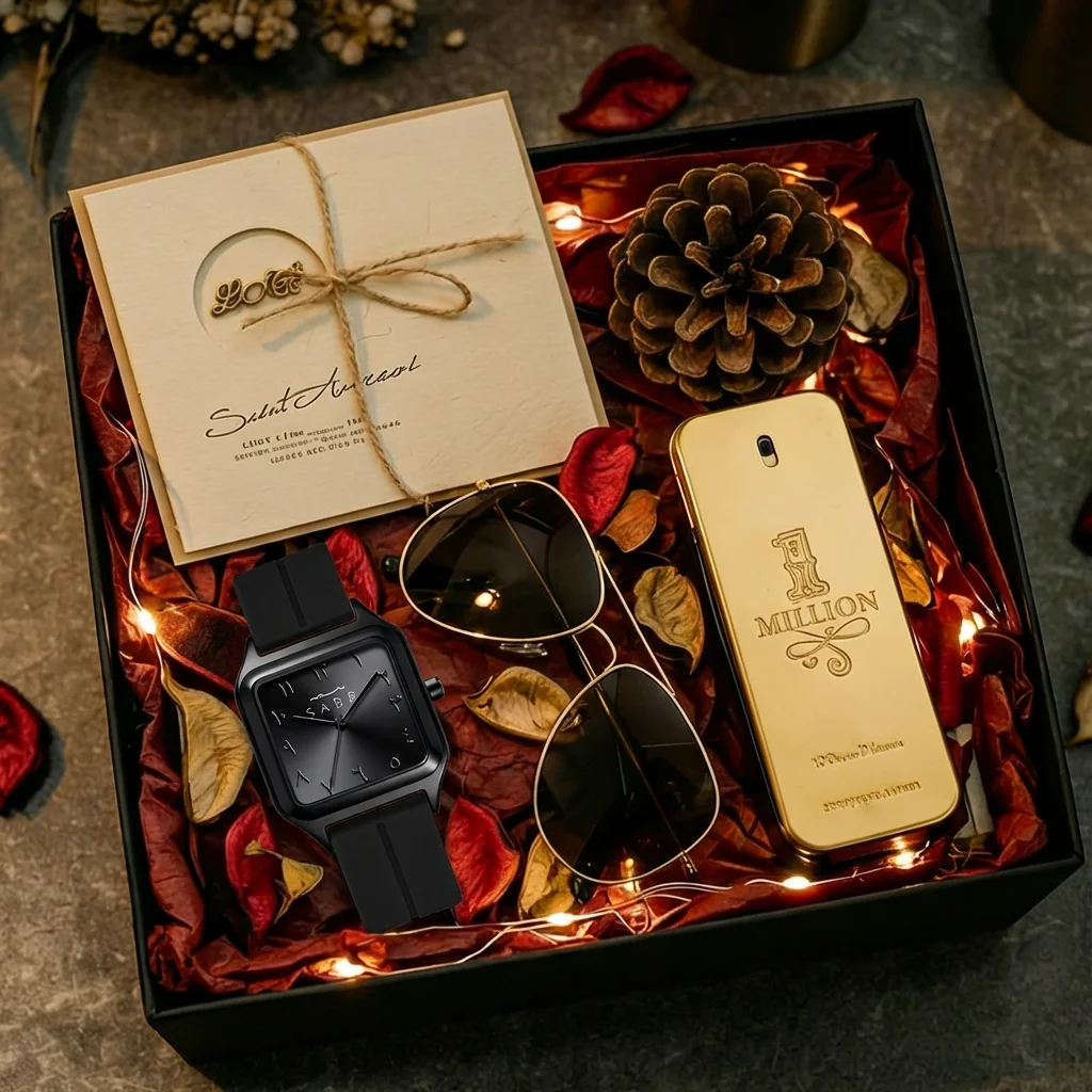 4pcs Unisex Black Silicone Strap Minimalist Stylized Numerals Sunglasses Perfume Quartz Watch Gift Box Set for Daily Casual