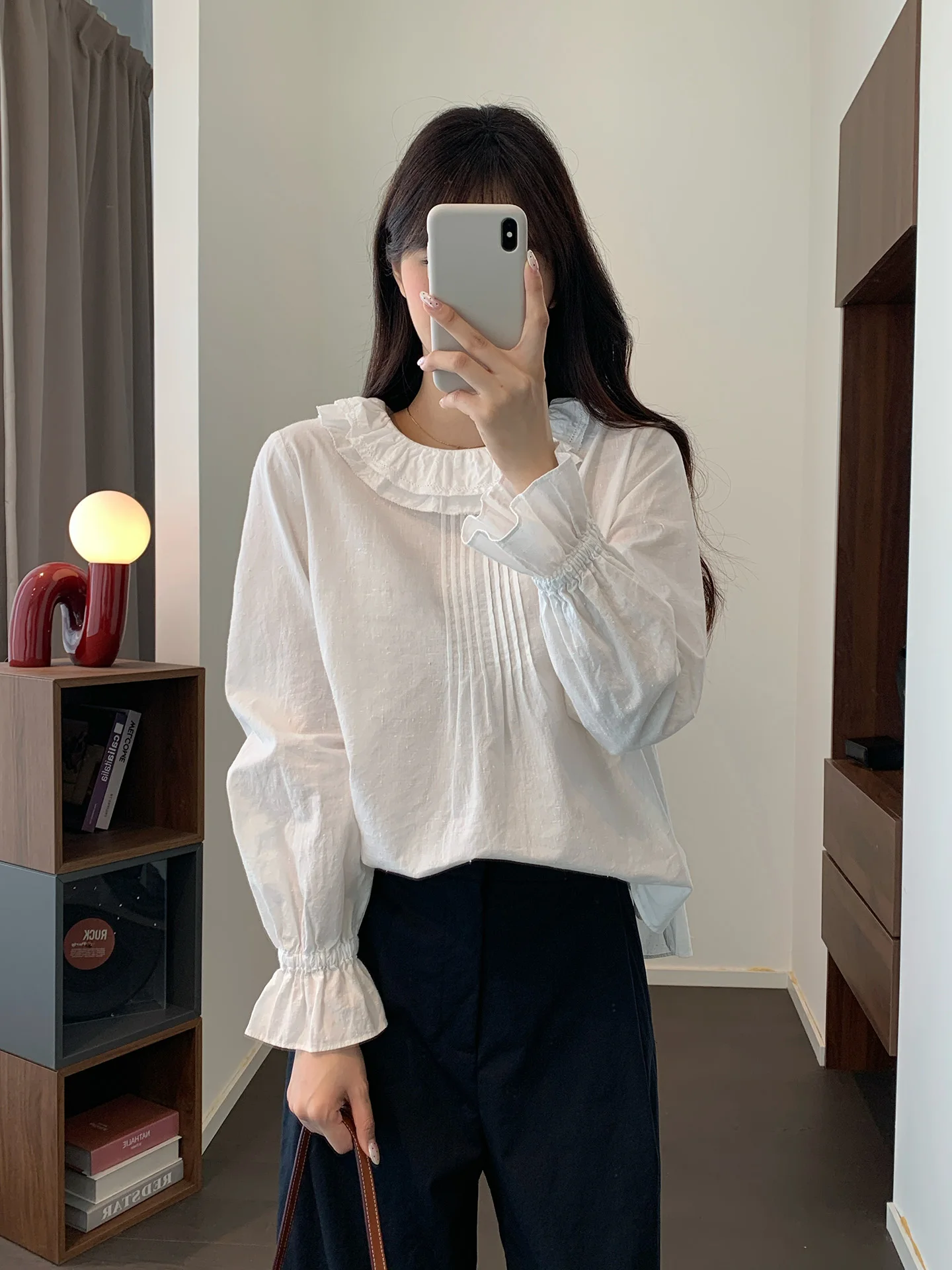 

Cotton Long Sleeve Shirt with Pleated Hem Loose Fit Skin-friendly Breathable Casual Style Women's Spring Shirt