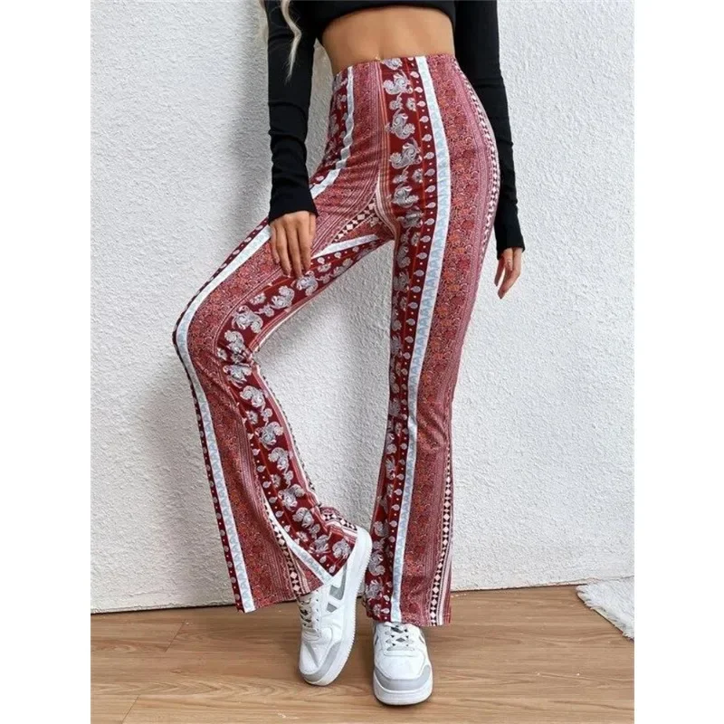 Women Vintage Printed Casual Trousers Stretchy Slim Flared Pants High Waist Sexy Fashion Loose Wide Leg Flare Pants Female