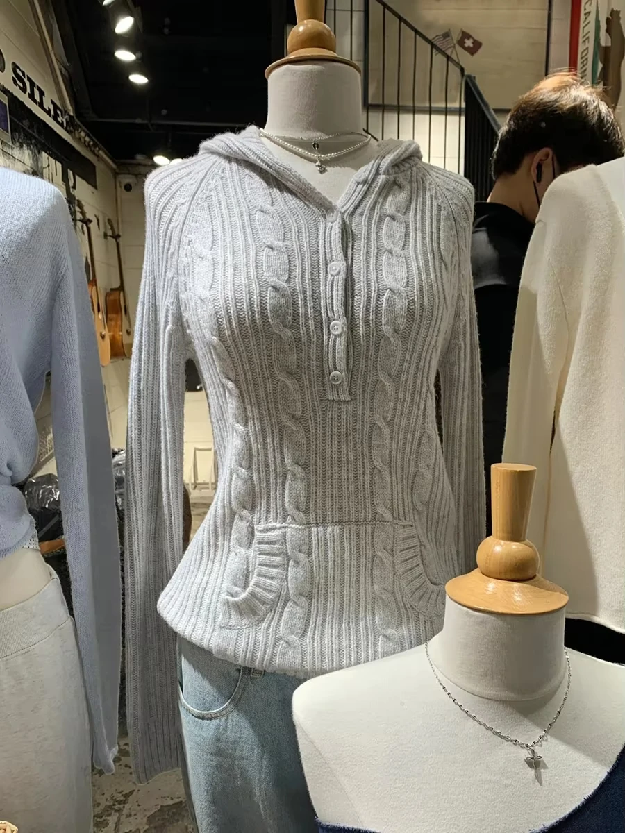 Twisted Knitted Hooded Sweater Women Buttons Long Sleeve Pocket Solid Jumper Spring Autumn Simple Preppy Style Sweaters 2025 New