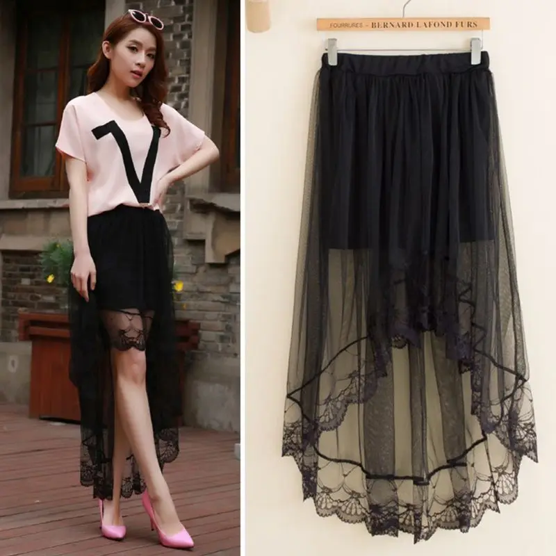 

Women Girls Summer High Waist Layered Sheer Mesh Swallowtail Midi Long Skirt Asy