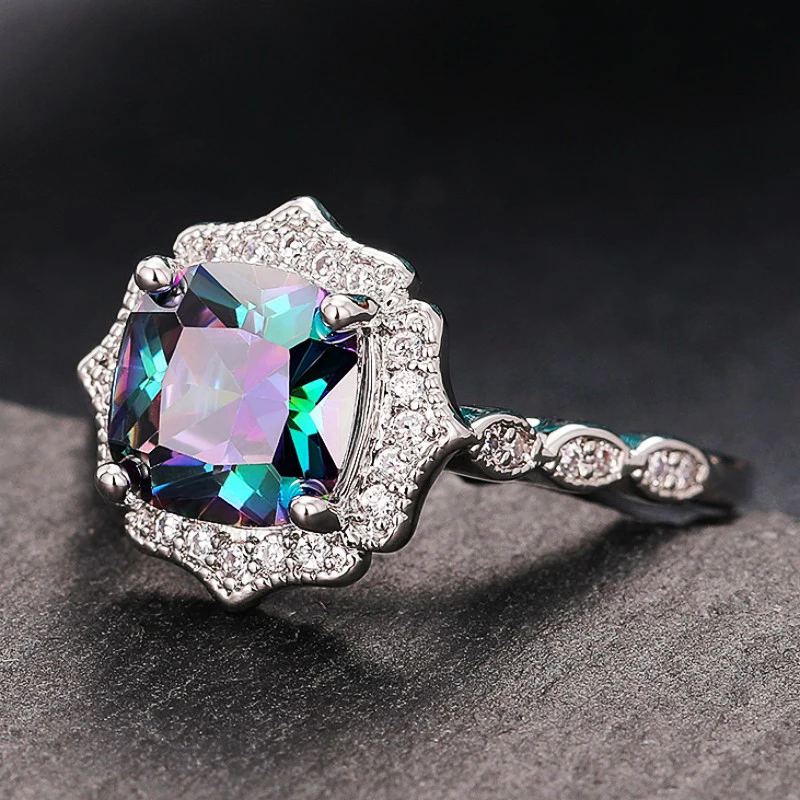 Huitan Aesthetic Colored Cubic Zirconia Female Ring Flower Design Wedding Party Exquisite Women Accessories Gift Fashion Jewelry