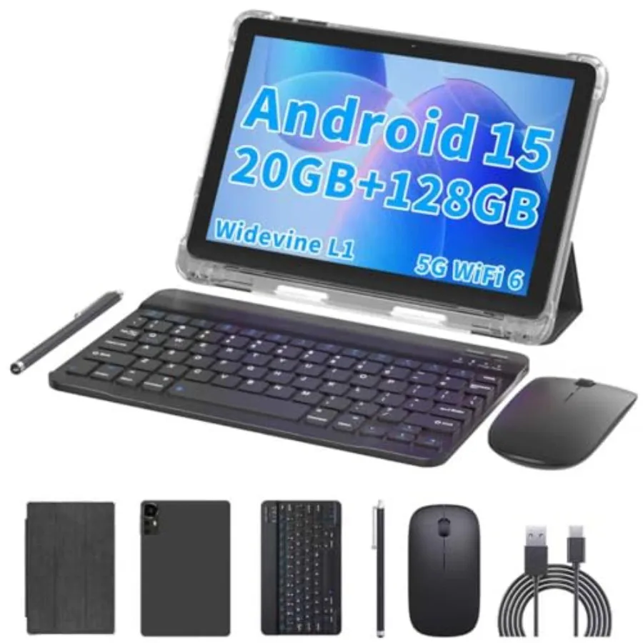 

10 inch Android 15 Tablet 20GB RAM 128GB ROM 2TB Expandable 2.0GHz Quad-core 2 in 1 with Keyboard Case Stylus Mouse 5G WiFi6 BT