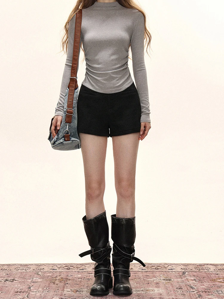 Heiße Mädchen-Shorts aus Wollmischung, elegante, hochtaillierte, schmale A-Linien-Shorts, stylisch, sexy, ultrakurz für Herbst und Winter – Detail 2