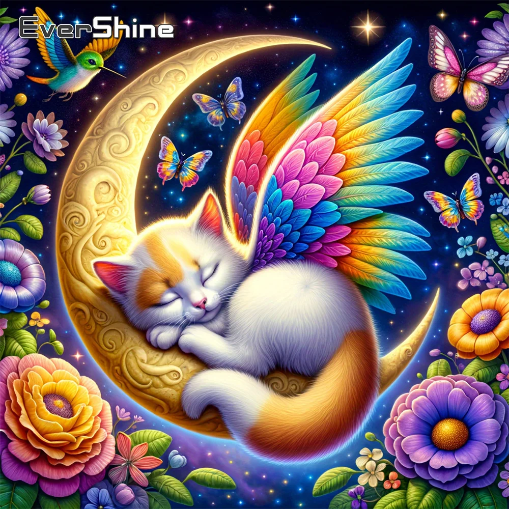 EverShine Diamantmalerei Tier Katze Vollflächige Stickerei Flügel Strass Kunst Mosaik Mond Blume Bild Kinderhobby