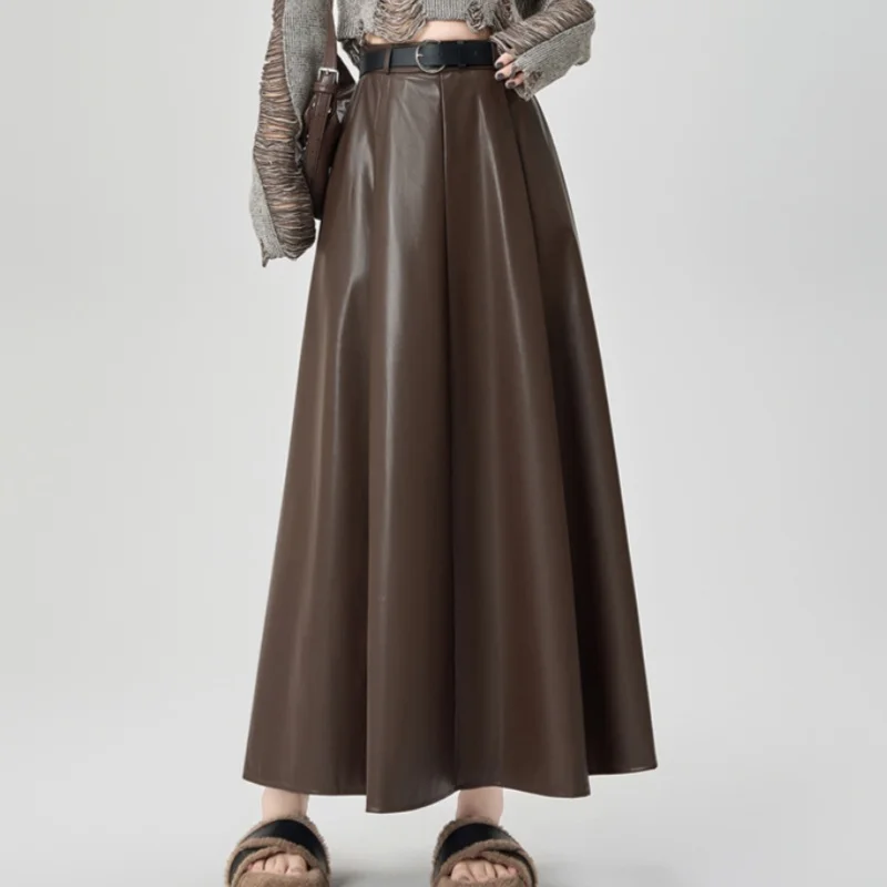 

Осень-зима, винтажные женские юбки трапециевидной формы из искусственной кожи с высокой талией и поясом, повседневные свободные длинные юбки-зонтики, новинка 2023 года