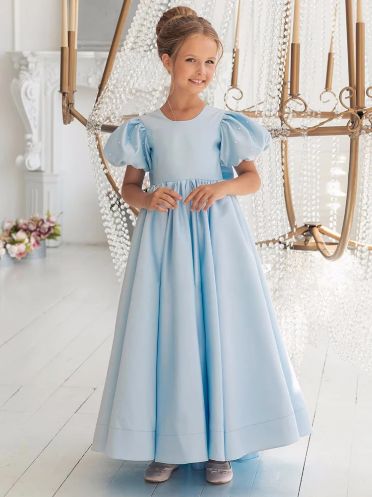 Vestido azul céu menina flor com arco pérola, cetim sólido, manga curta, casamento, festa de aniversário, banquete, vestidos princesa