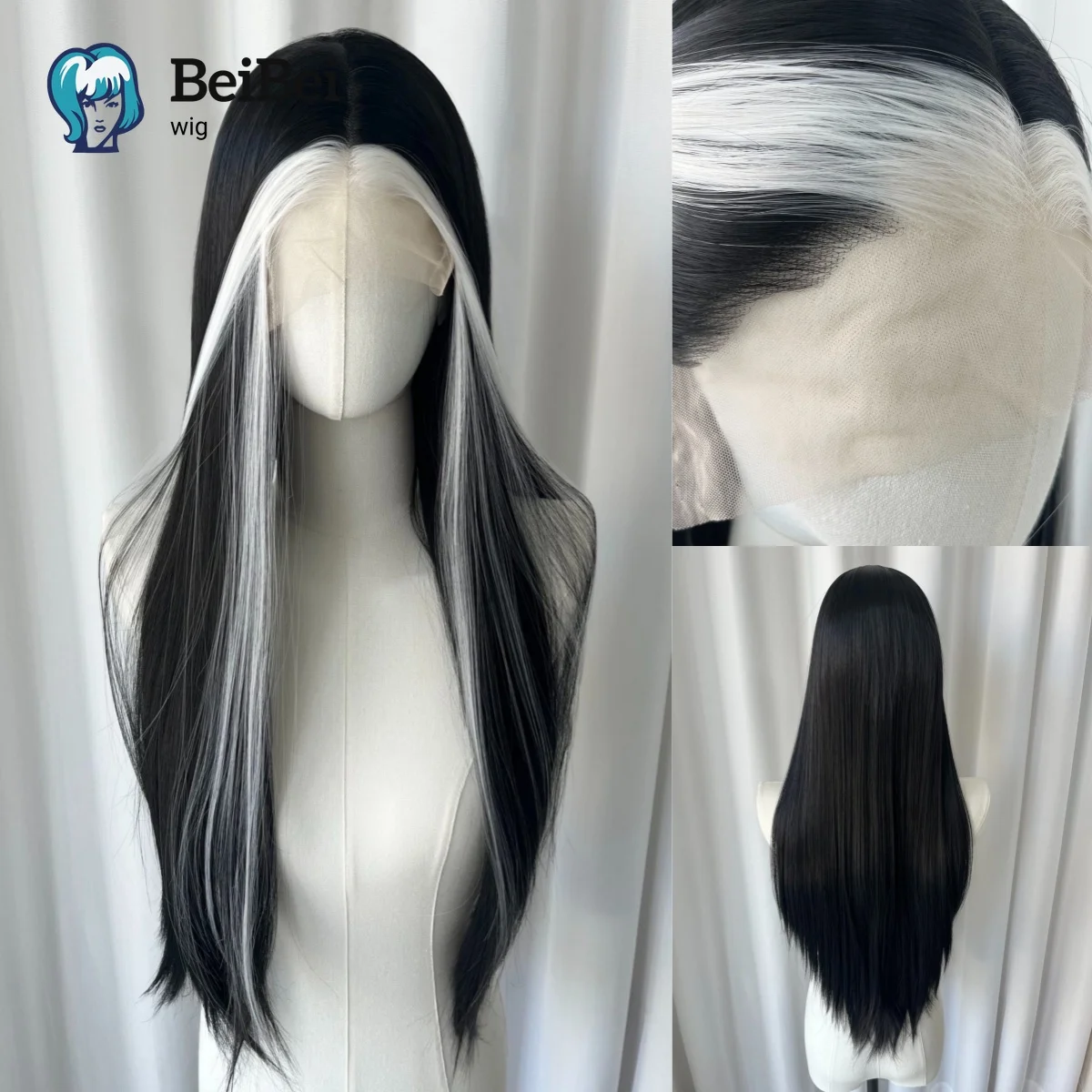 

White Highlight Black Synthetic Lace Front Wigs Long Straight 13x4 for Women Pre Plucked with Heat Resistant 26Inch 150 Density