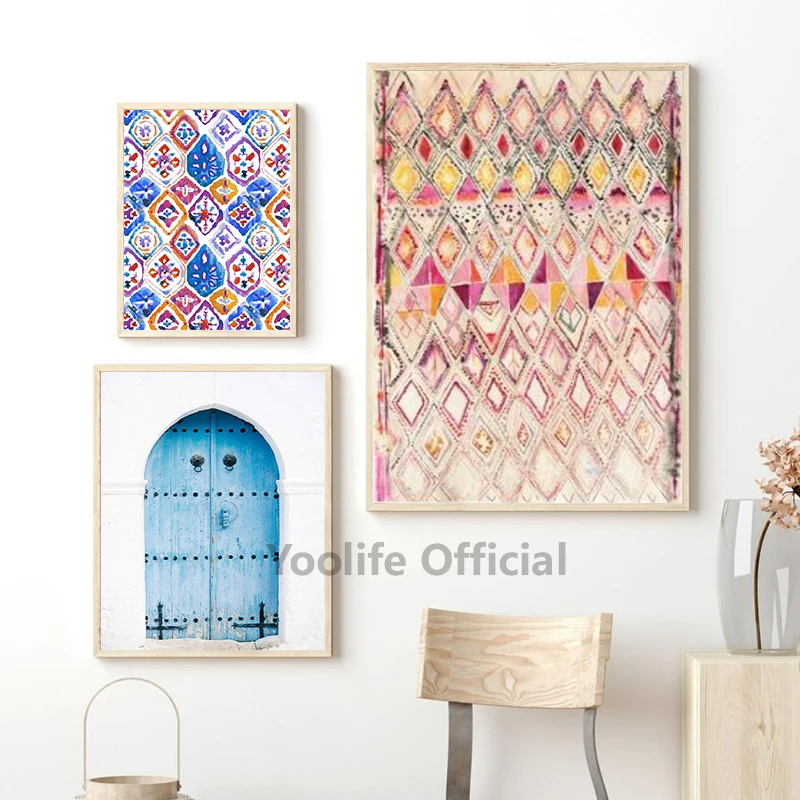 Vintage Pink Rug Art Prints Boho Wall Decor Eclectic Poster , Ancient Gate Morocco Door Art Canvas Painting Artwork Pictures