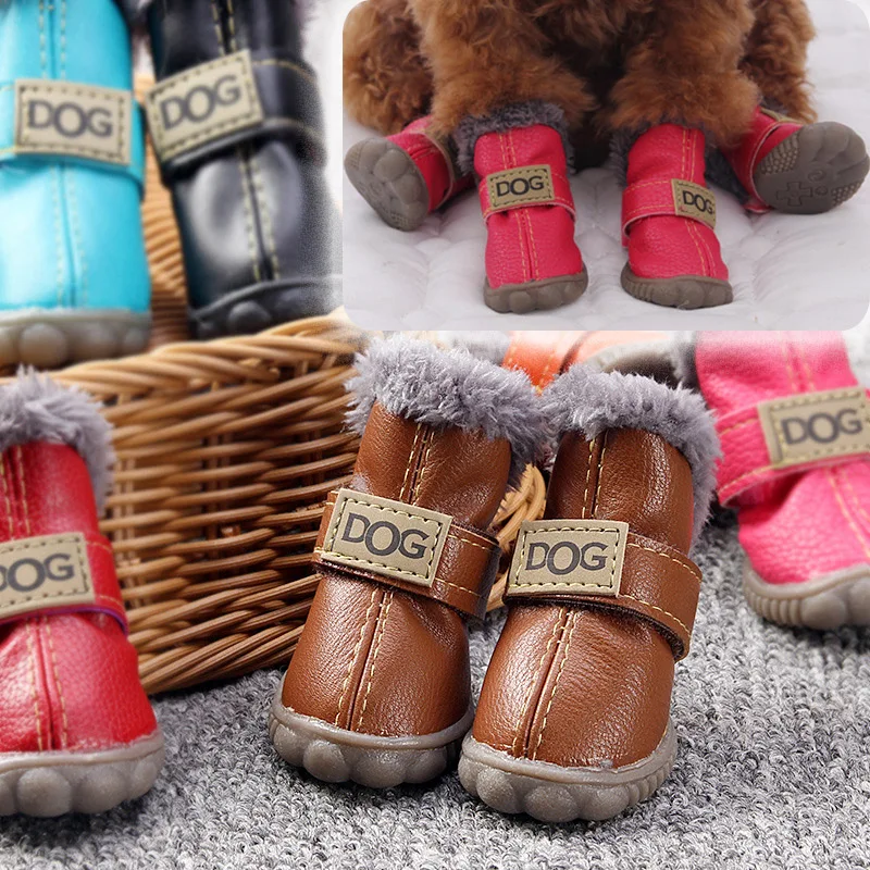 

4Pcs/Set Dog Rainshoes Warm Pet Snow Boots Waterproof Soft Winter Pet Dog Shoes Plush PU Non Slip Pet Boots for Chihuahua Bichon