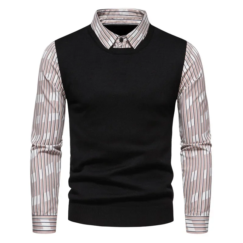 

2023 Men's Knitwear Autumn and Winter New Fashion Shirt Collar Sweater Fake Two Piece Splice Men's Sweater