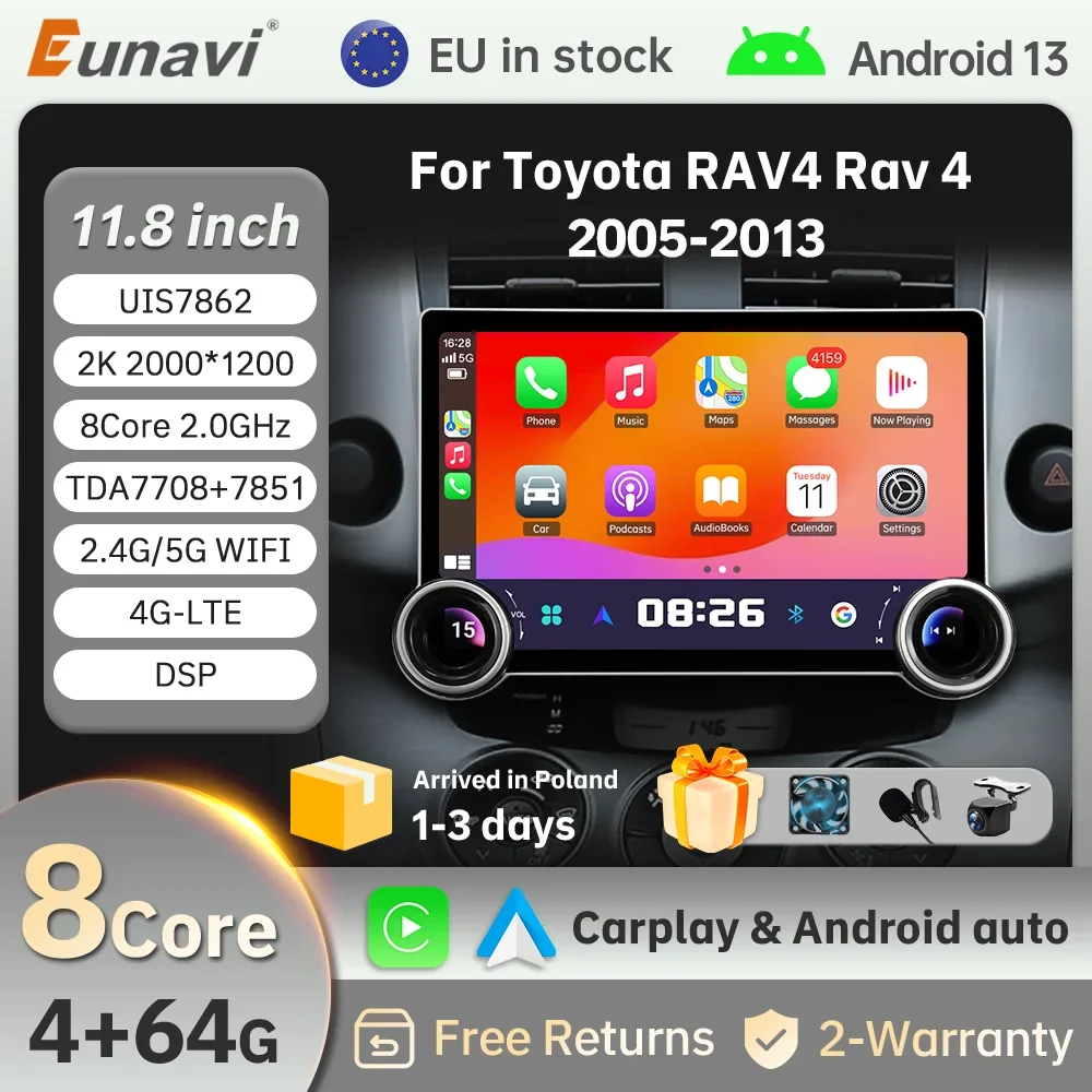 Eunavi 11.8 Autoradio Car Radio For Toyota RAV4 2005-2013 Car Audio Multimedia Player Wireless Carplay