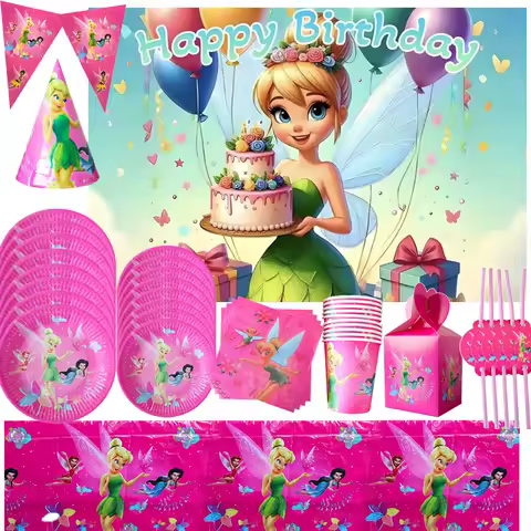Cartoon Fairy Elves Tinker Bell Birthday Party Decoration Disposable Tableware Balloon Cup Plate Background Baby Shower Supplies