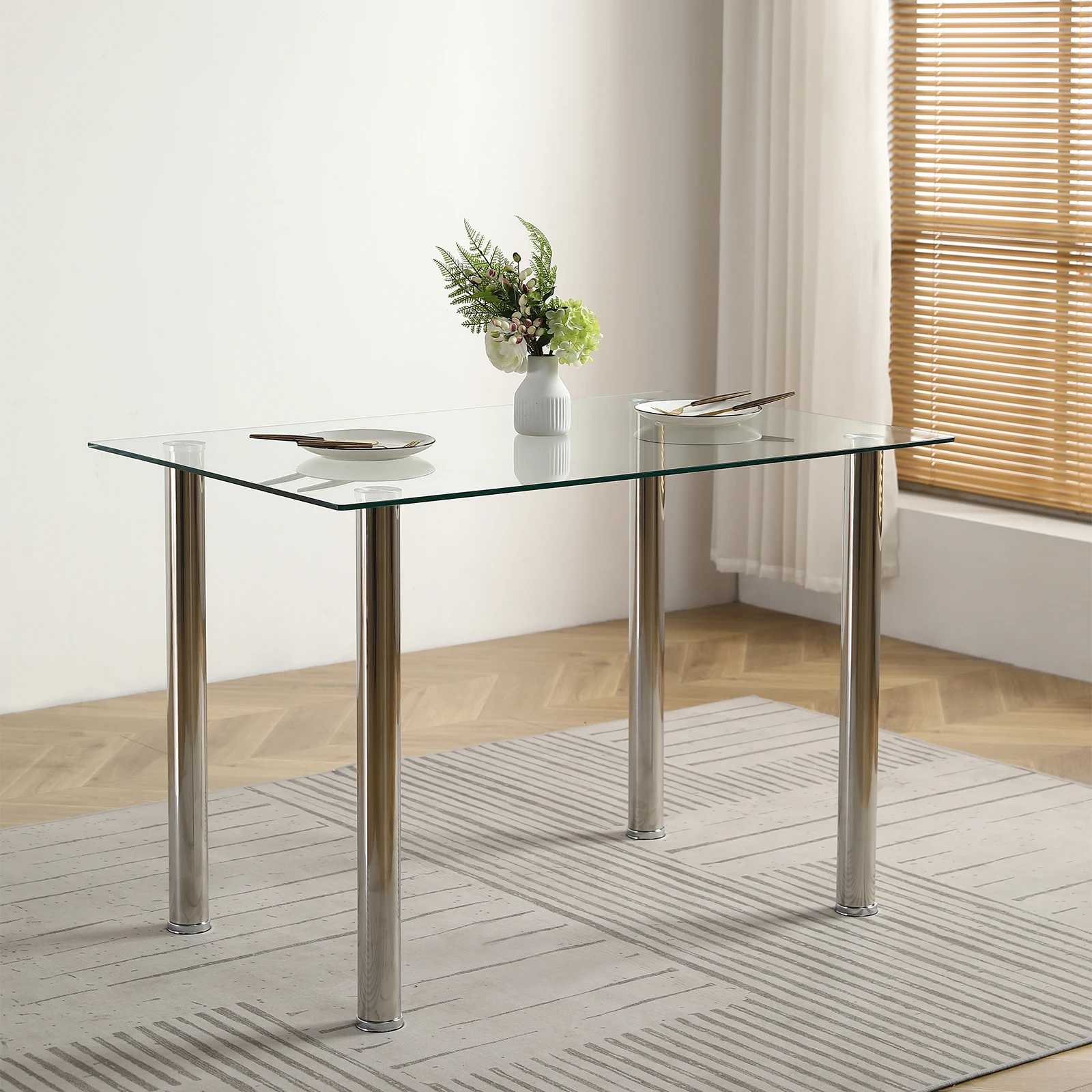 

4-Seat Simple Rectangular Table with Cylindrical Stainless Steel Legs and Tempered Clear Glass Top