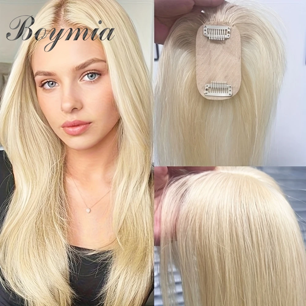 Blonde Human Hair Topper With Bangs Women 5x9cm Natural Black Highlights Brown Skin Scalp Clip in Topper Hair Pieces Human Hair
