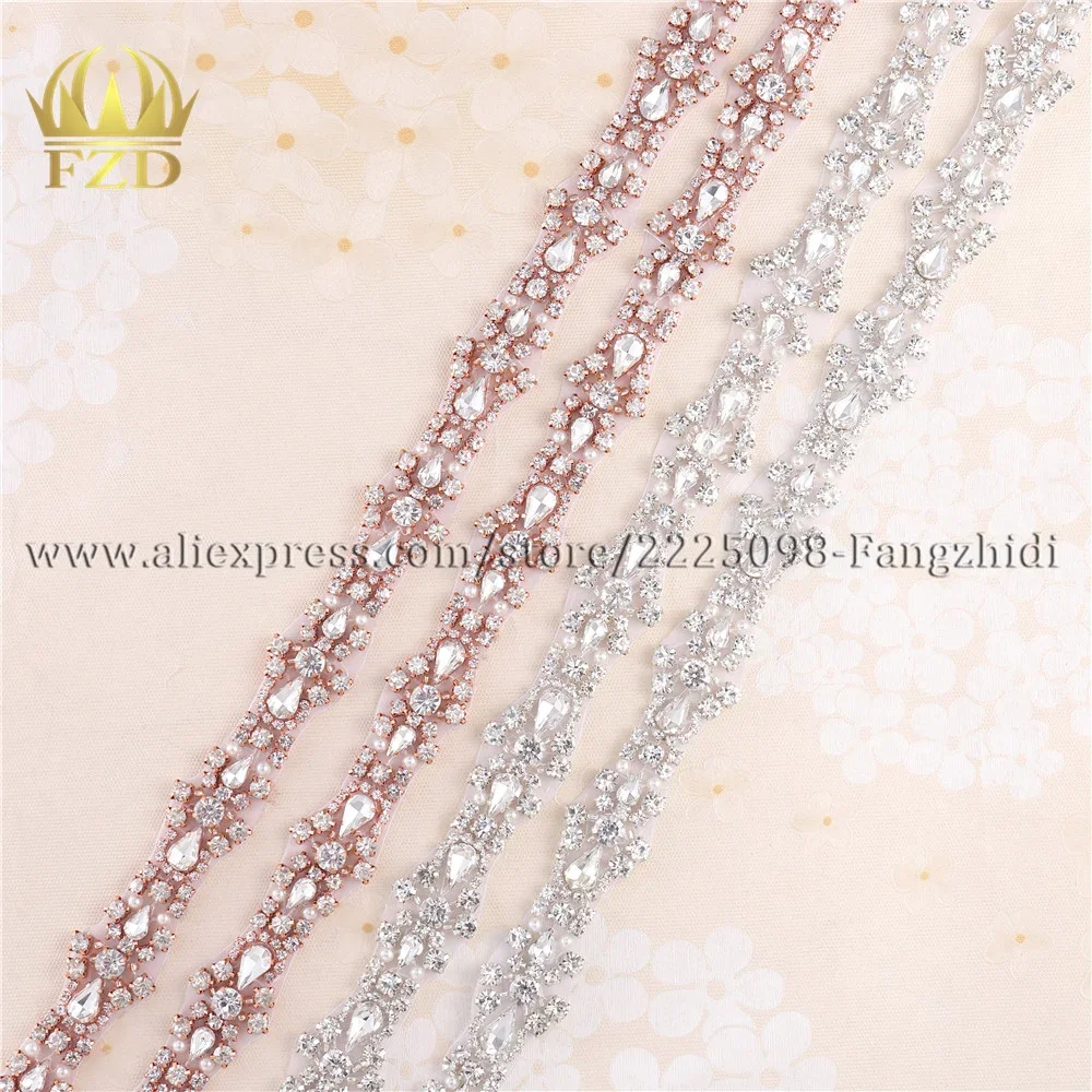 

FZD Wholesale 30 Yard Handmade Hot Fix Clear Rhinestone Crystal Appliques for Wedding Gown Iron on Belt Headpieces Garters