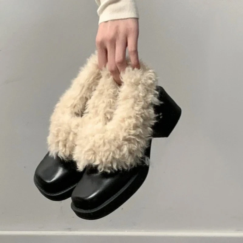 Furry Lambwool Women Mary Jane Shoes Elegant Square Toe Slip On Footwear Autumn Keep Warm Ladies Thick Heel Shoes