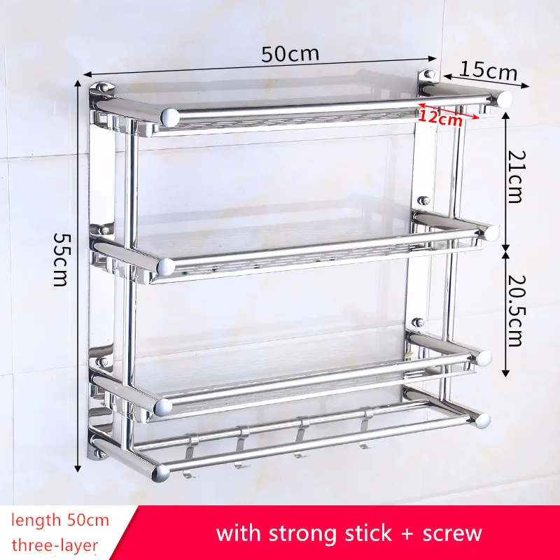 Stainless Steel Bathroom Storage Rack Wall Shelf Towel Rack Holder With Hooks Bathroom Accessories Kitchen Storage Shelf