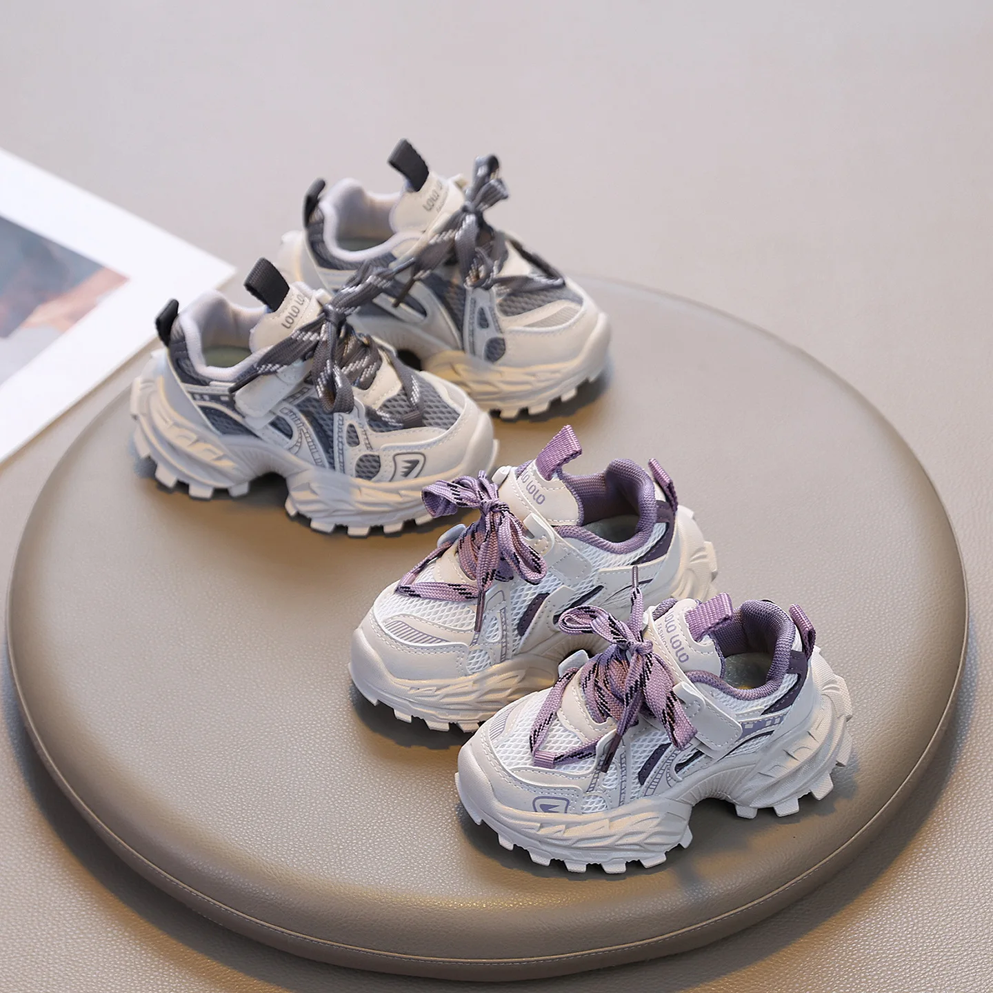 2026 Children Sport Shoes Spring Autumn Kids Sneakers Soft Breathable Mesh Shoes Boys Girls Lace-up Running Shoes Gray, Purple