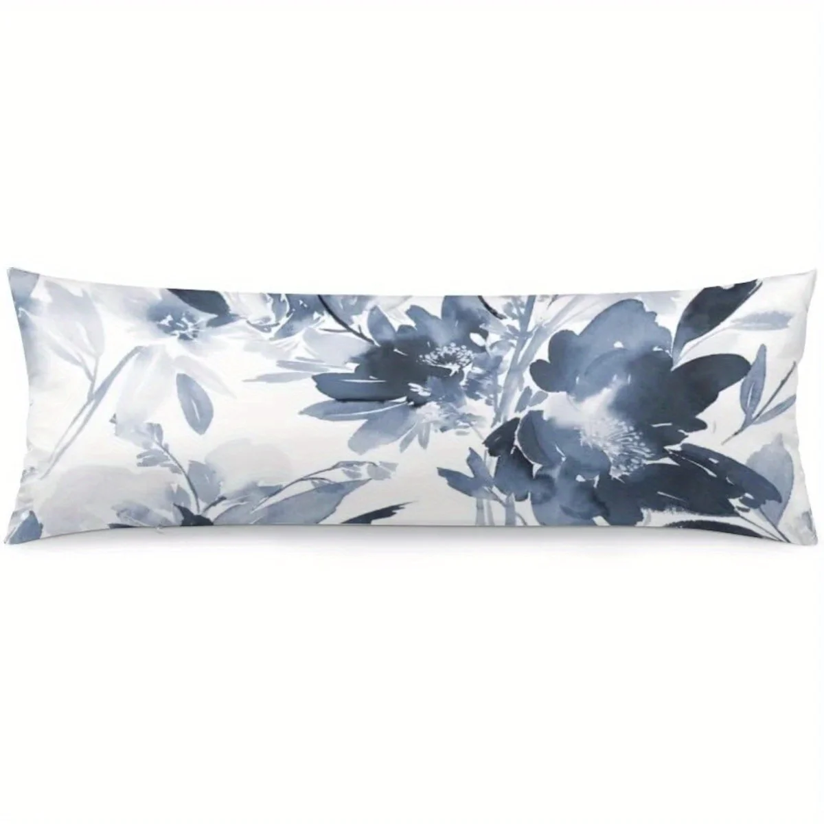 Elegant Navy Blue and White Watercolor Floral Body Pillowcase - Soft Polyester Fiber, Zipper, 50.8 cm X 137.16 cm - Versatile De