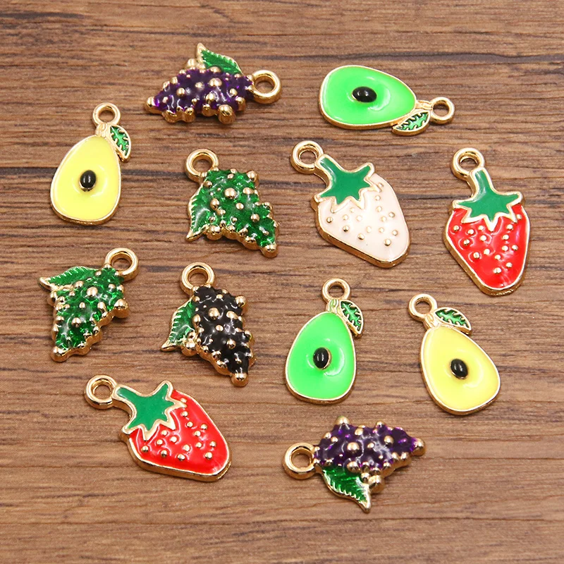 10Pcs 3 Color Mix Size Alloy Metal Drop Oil Fruit Charms Grapes Avocados Strawberries Pendant For DIY Jewelry Making