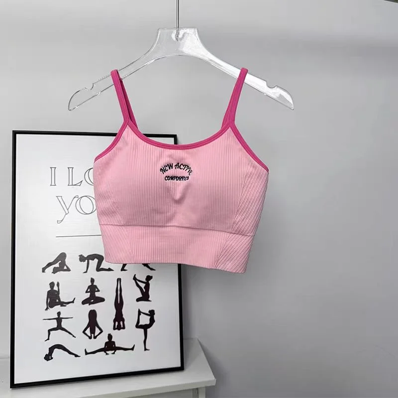 Women Letter Print Push‑Up Yoga Bra Breathable Sleeveless Crop Camisole for Gym Running Casual Fitness Workout