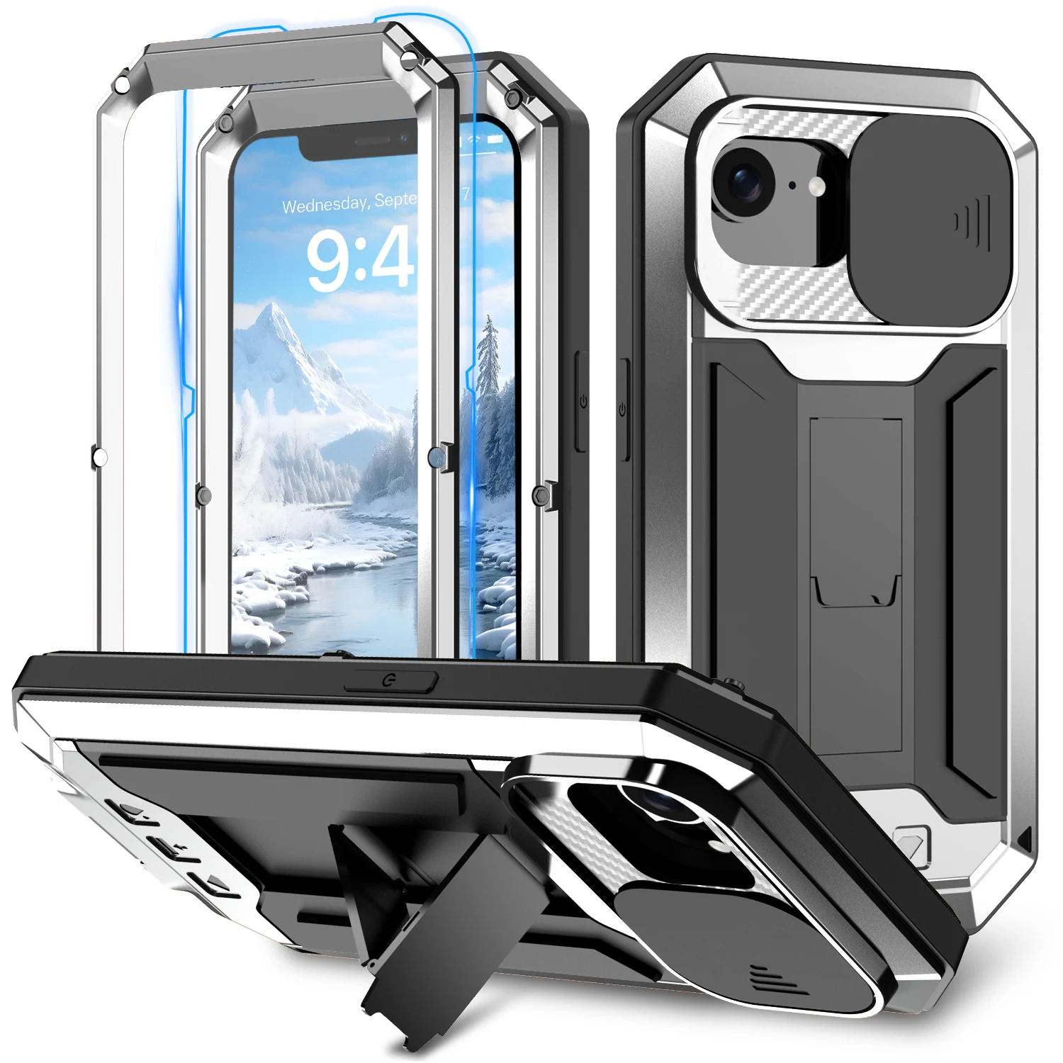 

Slide Camera Shockproof Case for iPhone 16e 2025 16 Pro Max 15 14 13 with Kickstand Screen Tempered Glass Metal Protection Case