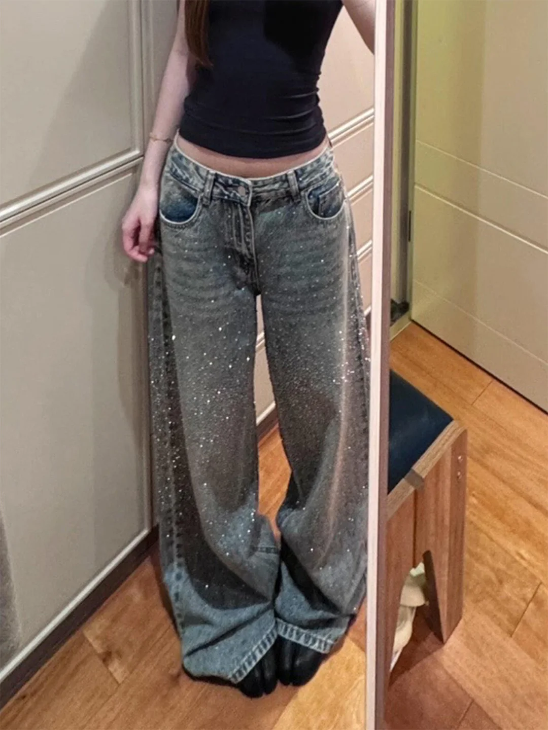 

High Waist Straight Leg Jeans Women's Summer New Style Pear Shape Body Starry Denim Pants Floor Length Slimming Wide Leg ...