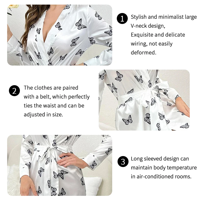 Women\'s Nightgown Butterfly Print Satin Night Robe Elegant Long Sleeve V Neck Robe With Belt Women Sleepwear Home Clothing Robes