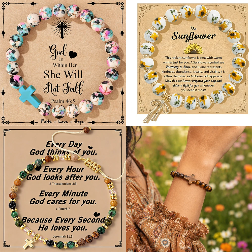 Trendy Jesus Cross Beaded Bracelet Colorful Printing Stone Bangles for Women Meditation Jewelry Baptism Faith Gift God Bless You