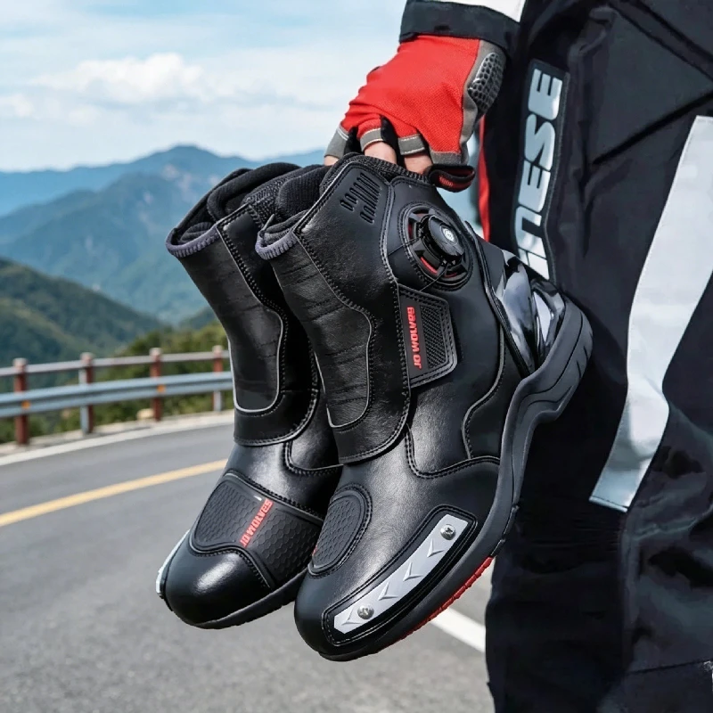 Black Motorcyclist Boots Leather Men Motocross Boots Waterproof Urban Riding Shoes Motorcycle Supplies Retro Motorcycle Shoes