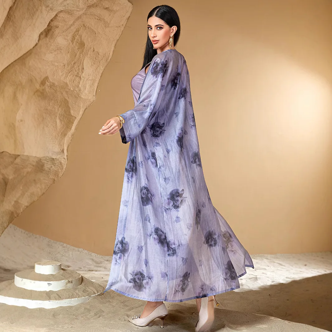 Women's Casual Trendy Thin Elegant Loose 2 Piece Sets Cardigan Abaya Suspender Dress Female Middle East New Fashion 2025 Muslim