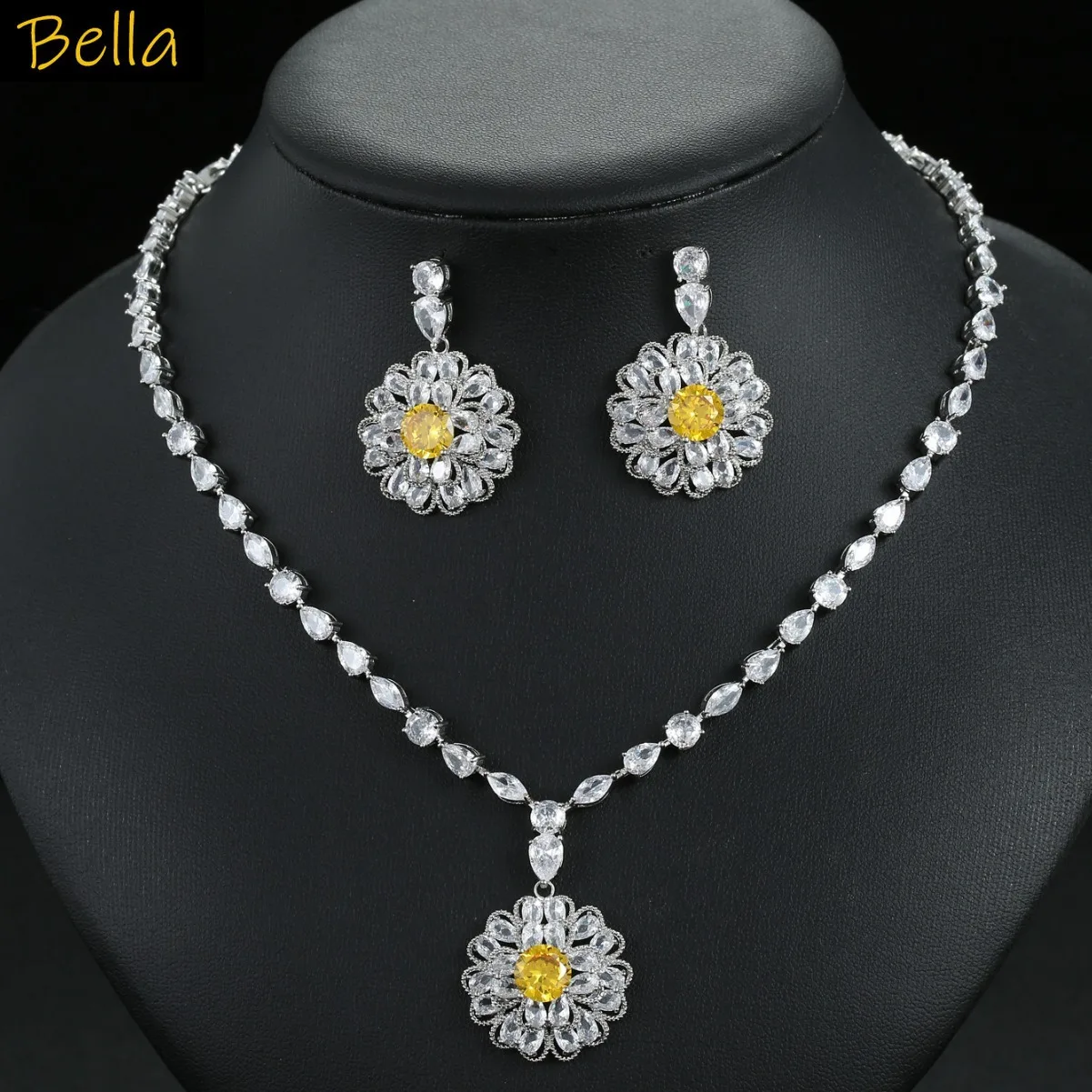 

flower jewelry set 2pcs necklace earrings for women wedding dinner party bride luxury jewelry yellow red green blue zirconia