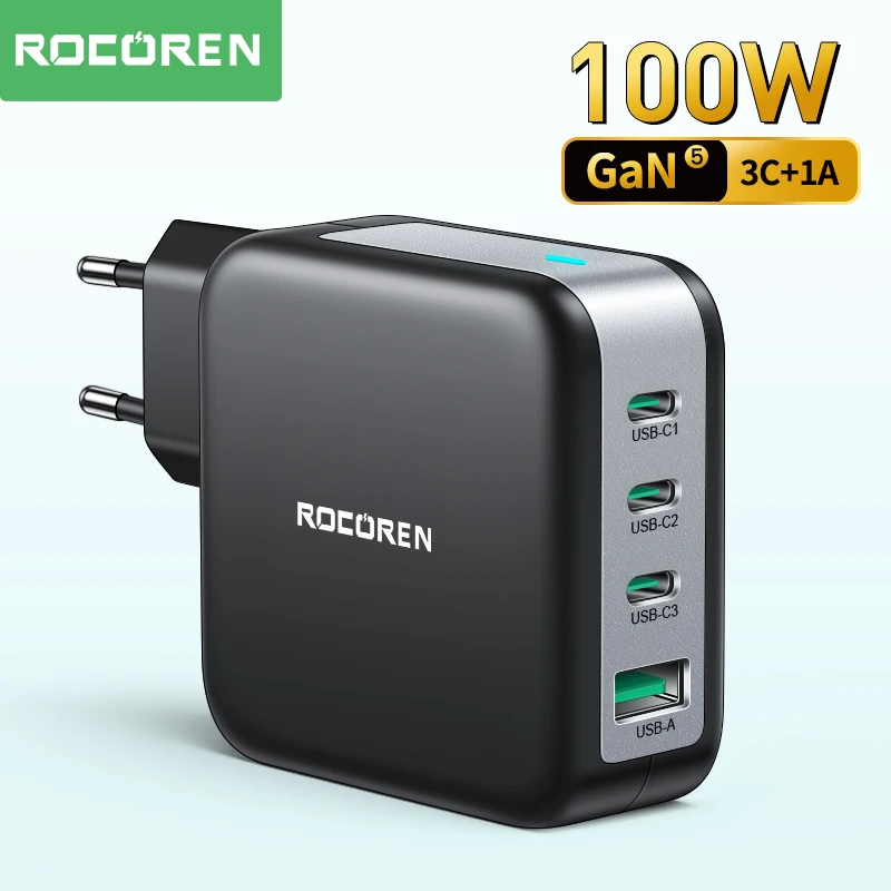 Rocoren 100W GaN Charger PD QC 4.0 3.0 USB Fast Charger Type C Quick Charging USB C Phone Charger for iPhone 14 Pro Max Macbook