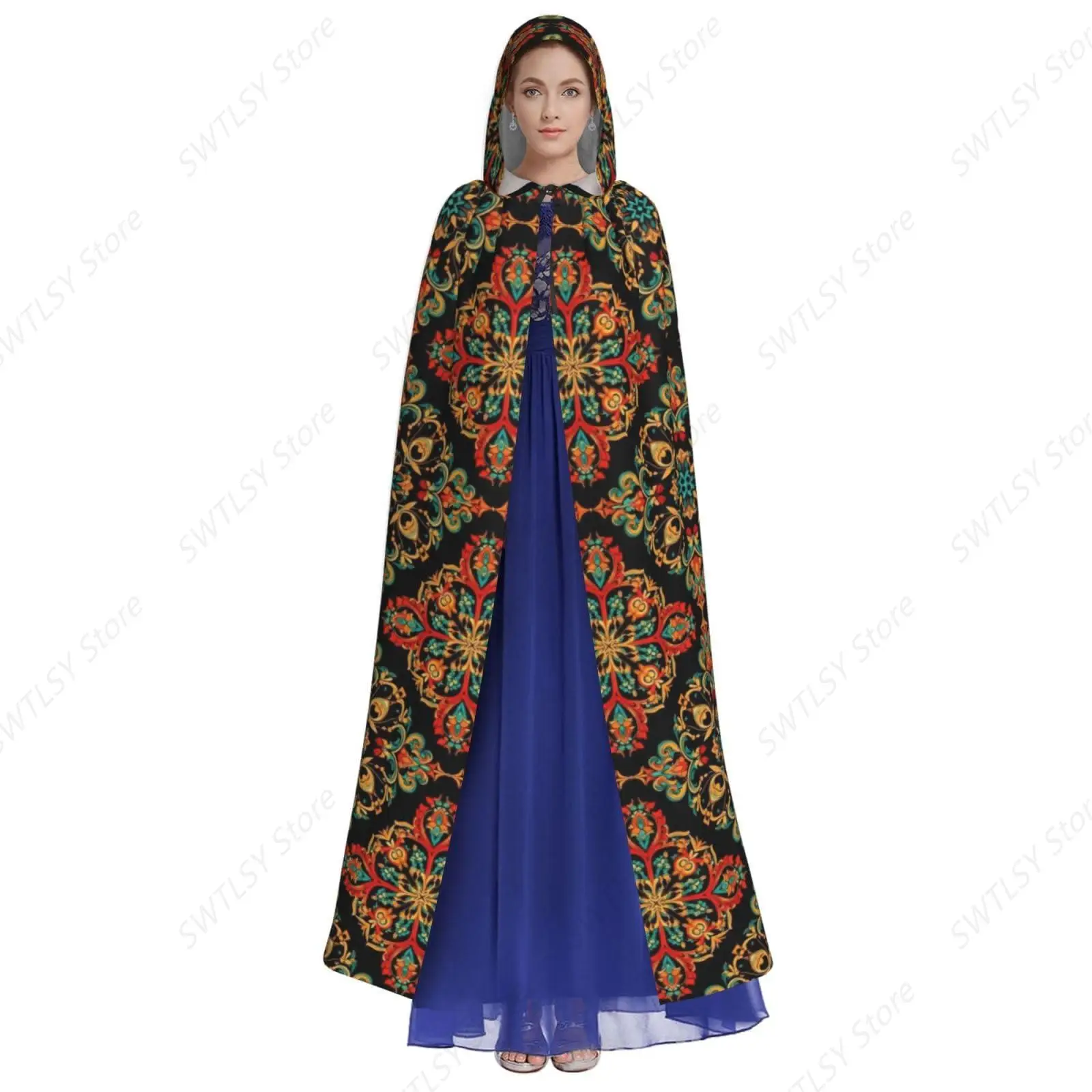 Halloween Hooded Cloak Women Men Halloween Cape Wizard Witch Costume Compatible with Bandana Print Cool Red Black