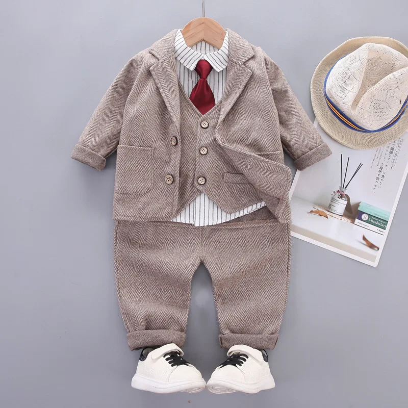 Boys suit 2026 Spring and Autumn new childrens wear Boys baby Western style vertical suit handsome tie British four-piece set
