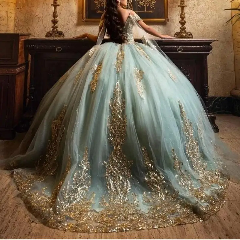 

Charming Lime Women Prom Special Occasion Dresses Off Shoulder Gold Applique Ball Gown Vestido De xv Anos 15 16 Girl Quinceanera